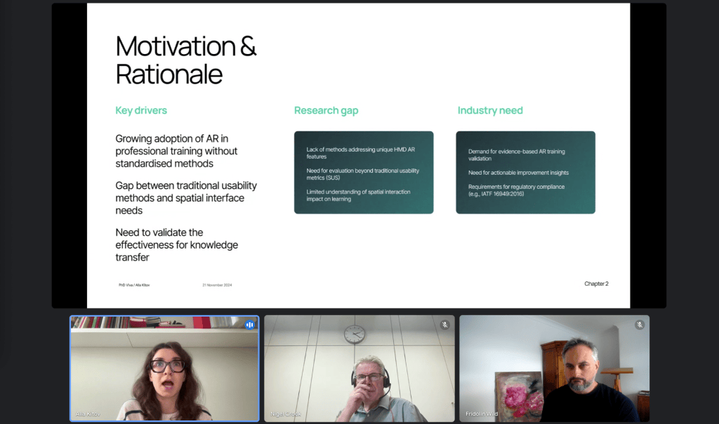 Zoom meeting from the viva preparation (left: Alla Kitov, bottom row: Middle: Nigel Crook, Right: Fridolin Wild)